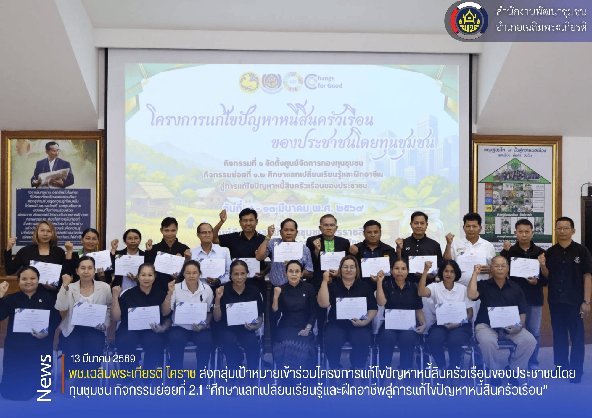 พช.เฉลิมพระเกียรติ โคราช ส่งกลุ่มเป้าหมายเข้าร่วมโครงการแก้ไขปัญหาหนี้สินครัวเรือนของประชาชนโดยทุนชุมชน กิจกรรมย่อยที่ 2.1 “ศึกษาแลกเปลี่ยนเรียนรู้และฝึกอาชีพสู่การแก้ไขปัญหาหนี้สินครัวเรือน”